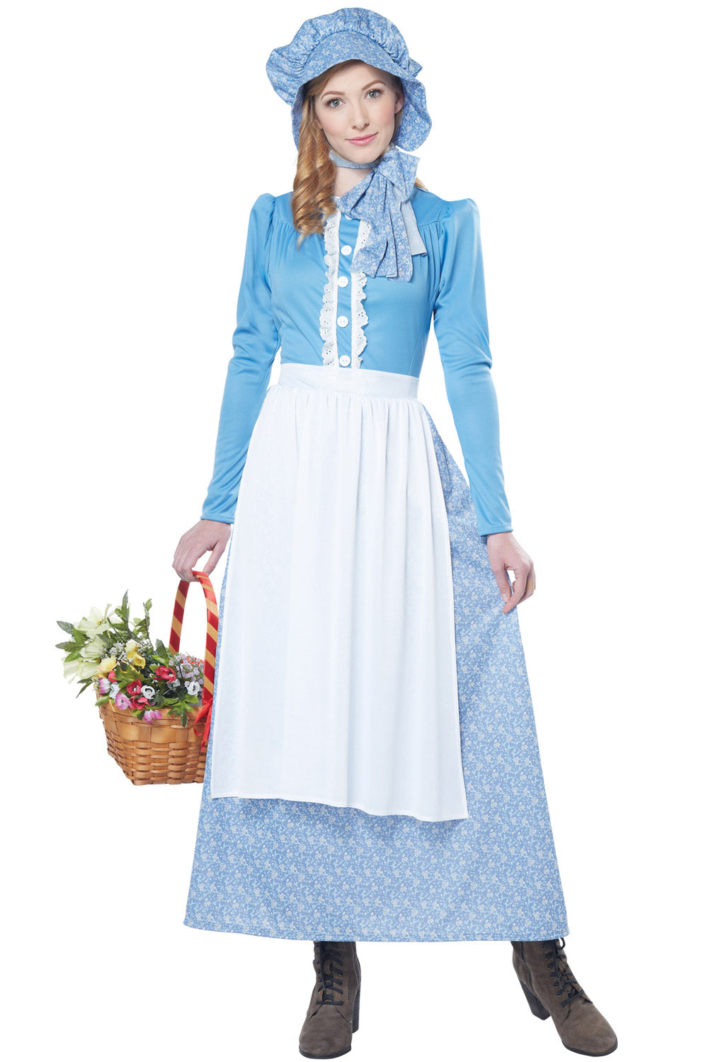 pioneer woman dress Women's Size 20 Costume Ensemble, Three-piece century style cotton print fabric in navy and gold cotton voile with interesting and charming striped texture and delicate ivory foliage pattern Pioneer Woman Adult Costume