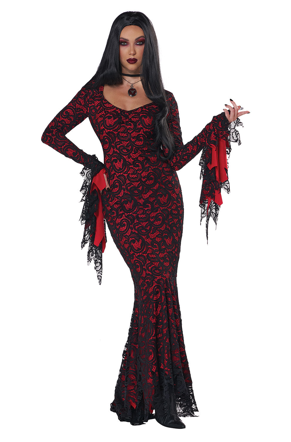 red and black vampire dress Halloween Gothic Black & Red Vampire Dress Spider Web Pattern Fishtail Maxi Dress with Choker Necklace