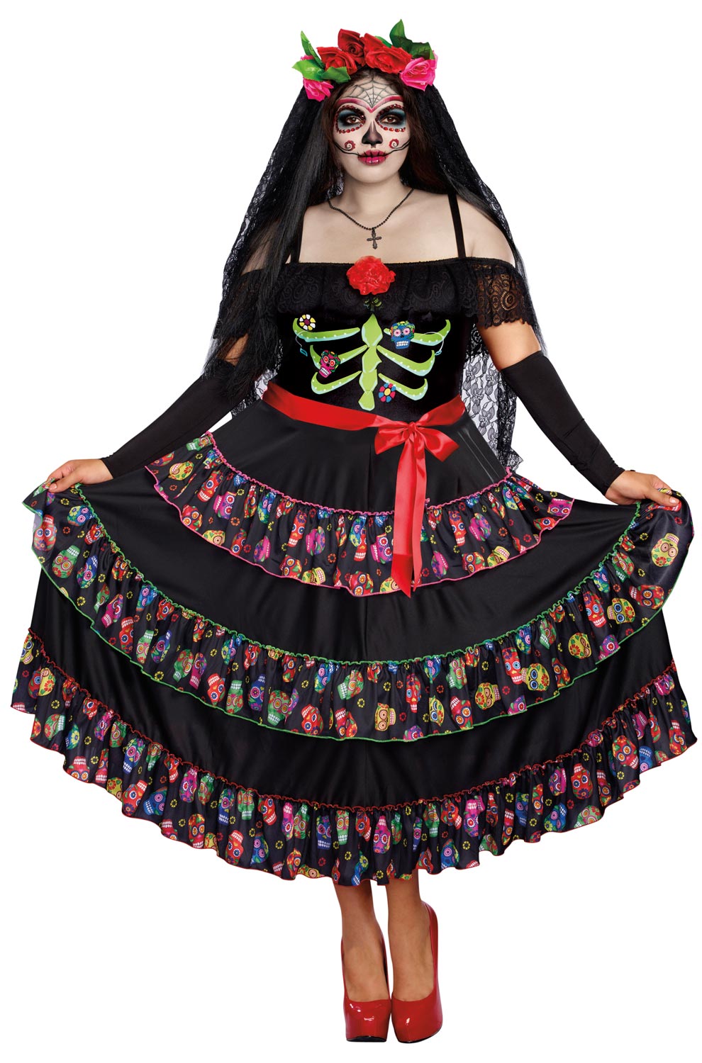 black day of the dead dress Dreamgirl Women's Plus Size Lady Dead, Black, 1X Whether you enjoy Mexican Off Shoulder Draped Cut modern organza dress women Color:Dark Navy