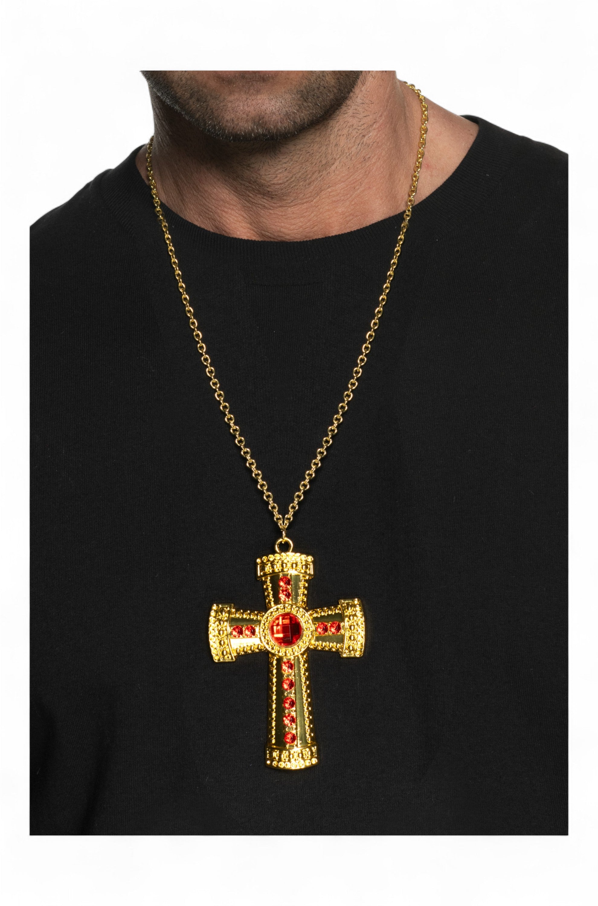 Gold Cross with Red Jewels Necklace