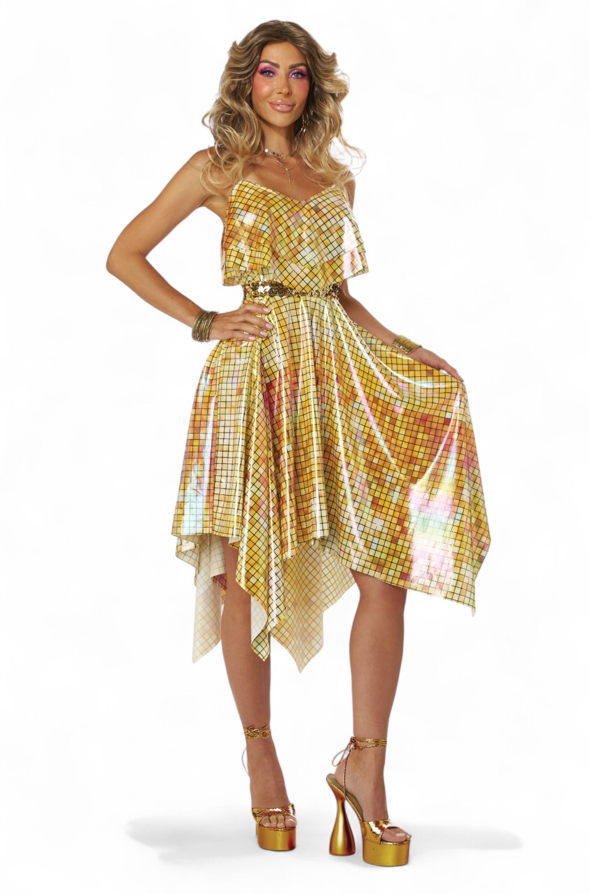 Gold Mirrorball 70's Disco Dress Adult Costume X-Large