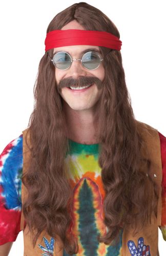 Hippie Man Costume Wig & Moustache (Brown)