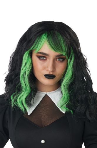 W394 Gothic Countess Nocturna Black Costume Wig Long Curly Vampires Halloween 