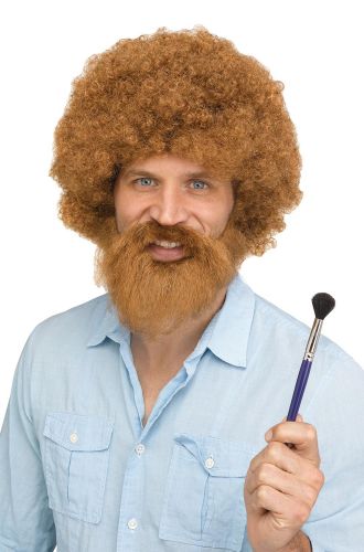 80s Man Ross Costume Wig Beard Moustache Set Bob Brown Curly Hair Artist Painter 