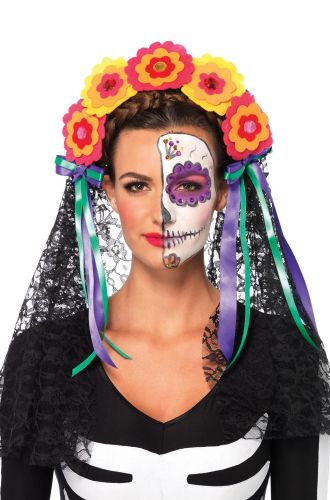 Day of the Dead Flower Headband with Lace Veil